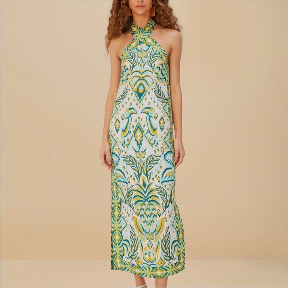 FARM Rio One-Shoulder Twist Maxi Dress in Green, Yellow & Blue